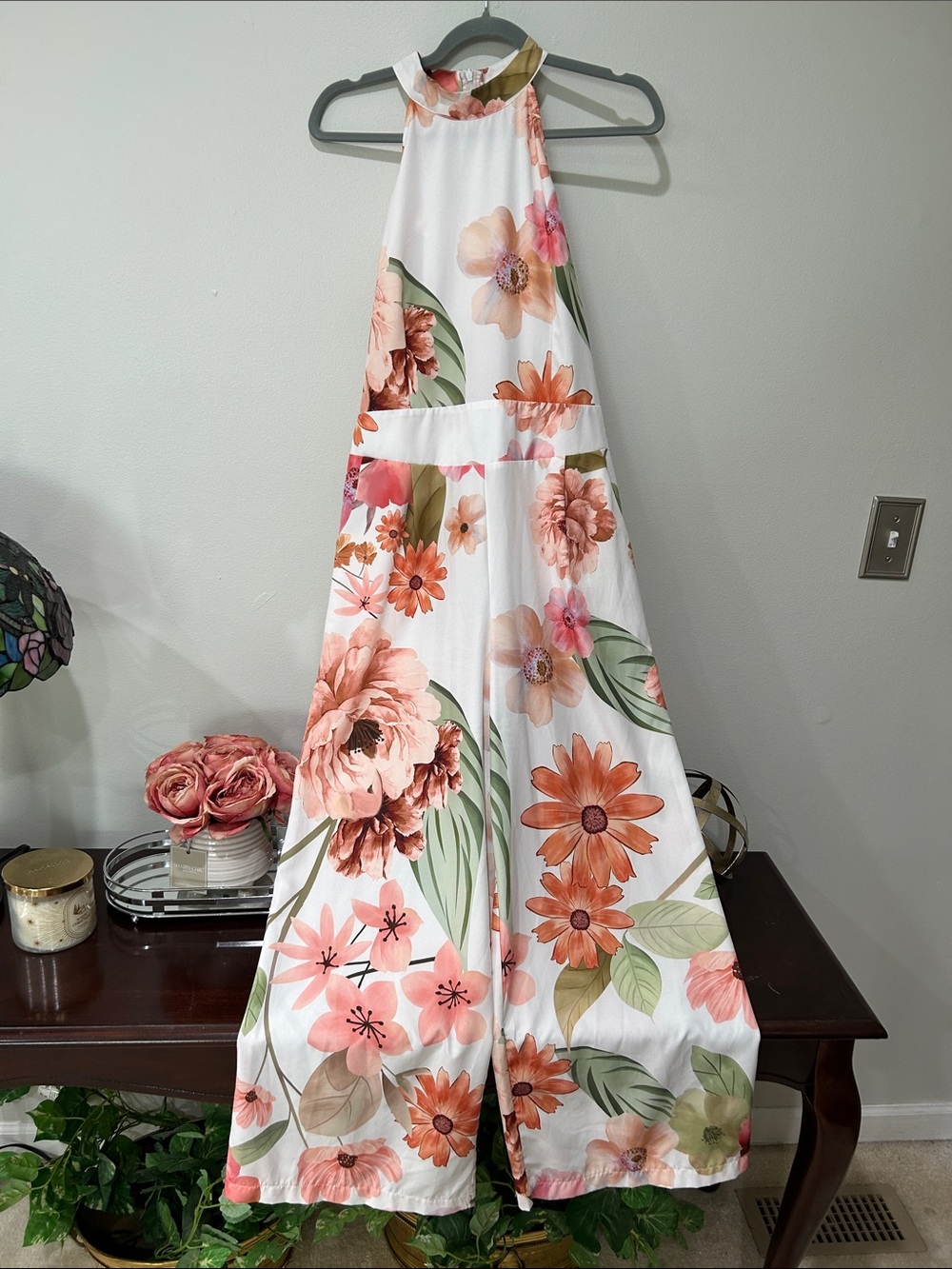 SHEIN White Floral Halter Wide-Leg Jumpsuit